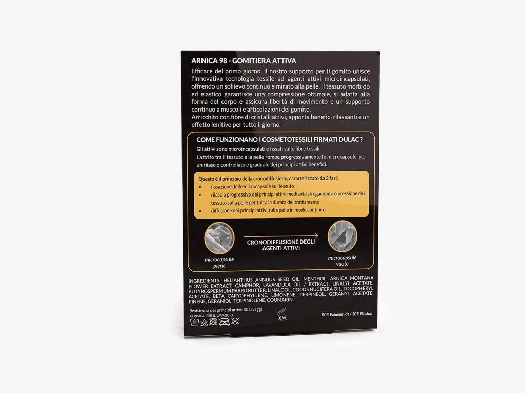 Gomitiera Attiva Arnica 98 DuLac — confezione retro con gli ingredienti
