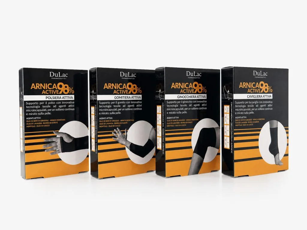 Tutori Attivi Arnica Active 98% DuLac — polsiera, ginocchiera, cavigliera e gomitiera